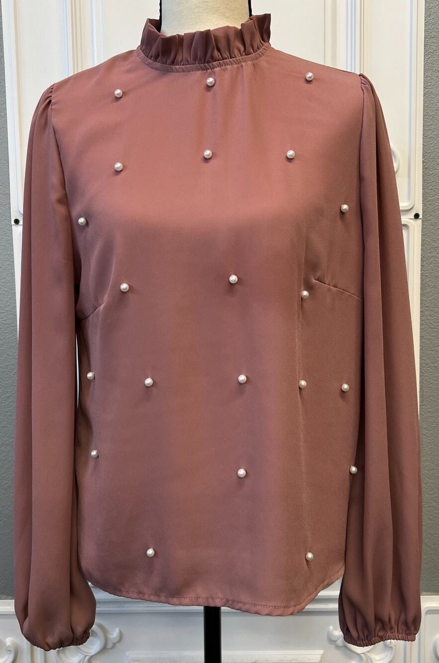 SHEIN Mauve Pearl‑Embellished High‑Neck Blouse – Women’s Small